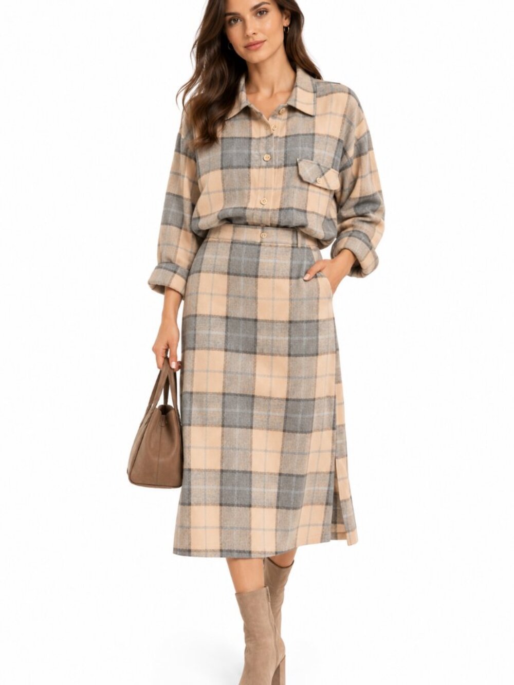 Vintage Hammer Women’s Wear Pure Wool Plaid Midi Skirt Size 40 Beige Gray